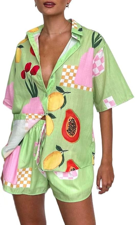 Women's 2 Piece Vacation Beach Outfits Casual Short Sleeve Button Pajamas Going Out Lounge Shirt ... | Amazon (US)