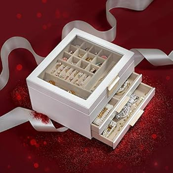 SONGMICS Jewelry Box with Glass Lid, 3-Layer Jewelry Organizer with 2 Drawers, for Loved Ones, Wh... | Amazon (US)