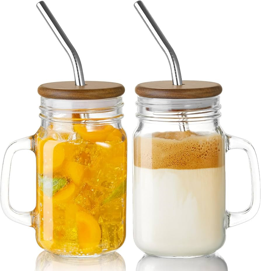 DRASTAR Iced Coffee Cup, 16 oz Mason Jar Cups with Handle, Small Glass Coffee Mugs with Straws an... | Amazon (US)