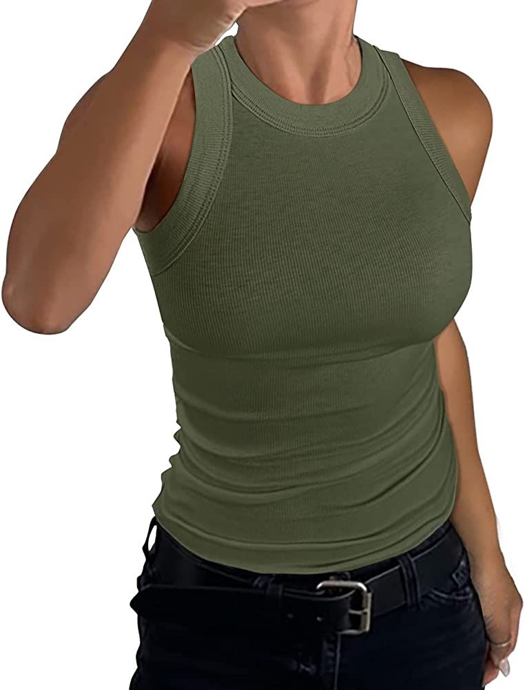 GEMBERA Womens Sleeveless Racerback High Neck Casual Basic Cotton Ribbed Fitted Tank Top | Amazon (US)