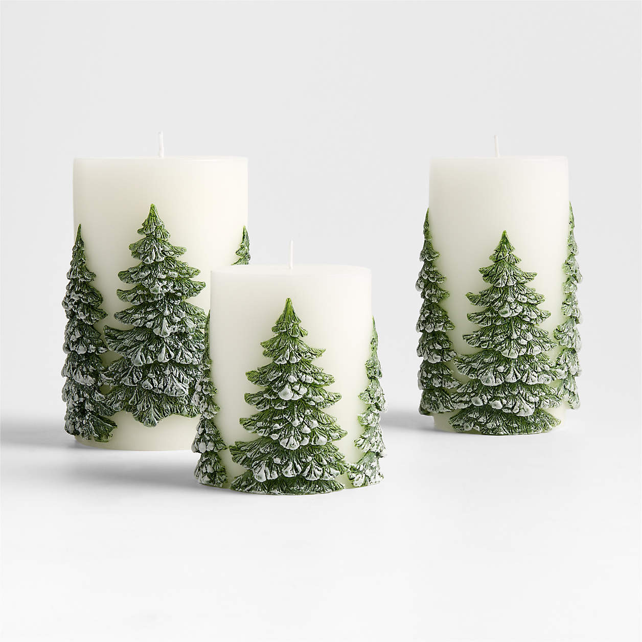 White with Embossed Trees Pillar Candle 3x4 | Crate & Barrel | Crate & Barrel
