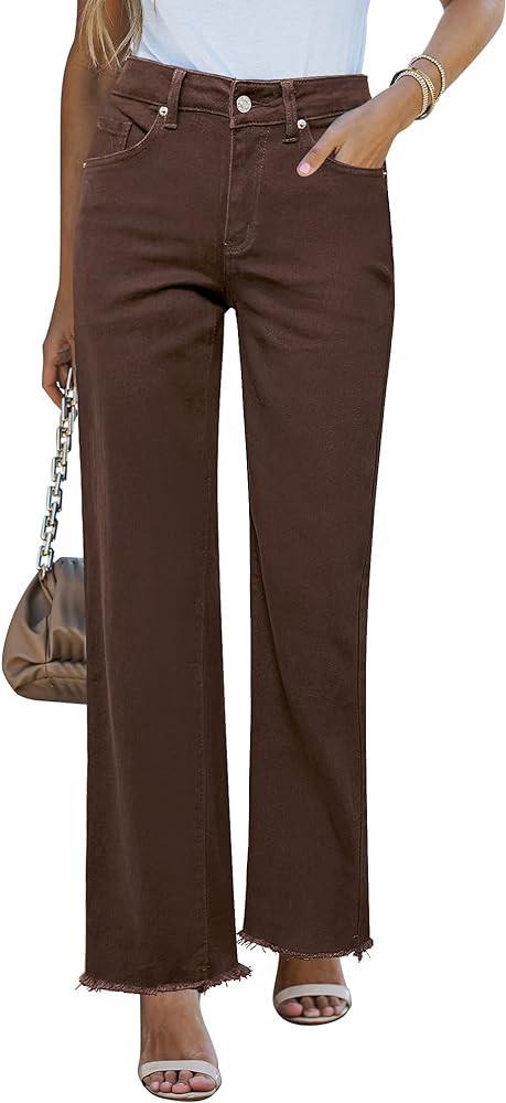 GRAPENT Straight Leg Jeans for Women High Waisted Stretchy Frayed Raw Hem Loose Denim Pants Casua... | Amazon (US)