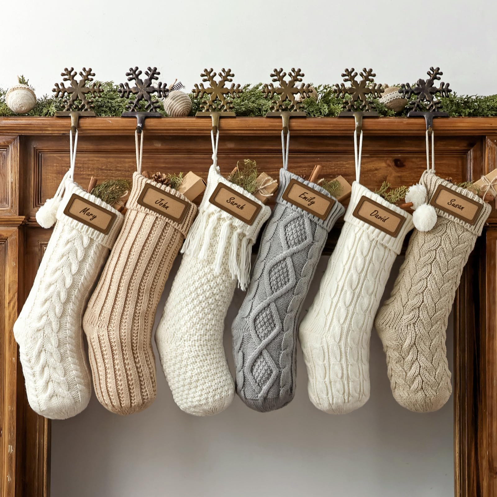 Rustic Knitted Personalized Christmas Stockings: 6 Pack 18 inch Cable Knit Patterns Stockings, Fa... | Amazon (US)