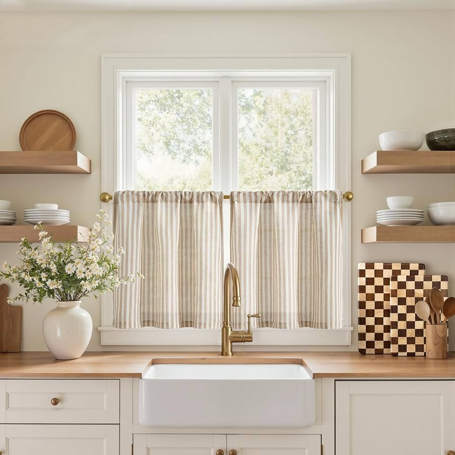 jinchan Striped Linen Kitchen Tier Curtains, 20 Inch, Tan, 2 Panels | Amazon (US)