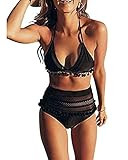 Women's High Waist Two Pieces Bikini Set Padded Stripe Tassel Swimsuit Black Medium | Amazon (US)