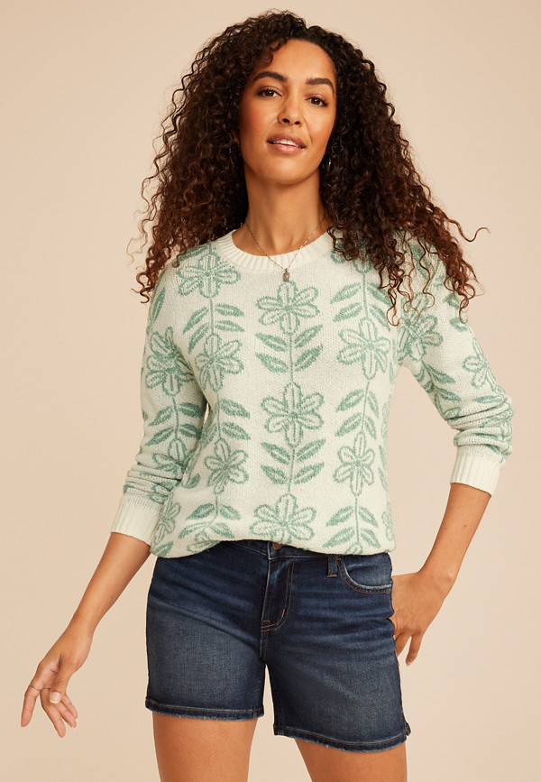 Textured Floral Crew Neck Sweater | Maurices