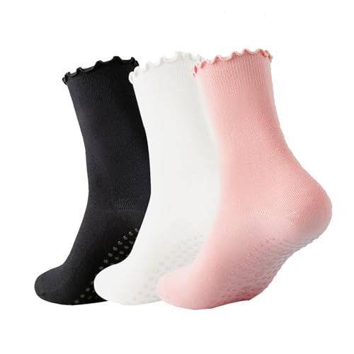 Ceoon 3 Pairs Pilates Socks with Grips Non-slip Ruffle Yoga Sock Grip Sock for Women (Polycotton, Socks set 6) | Amazon (US)