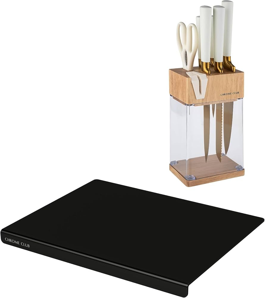 White and Gold Knife Block Set + Black Acrylic Cutting Board (18 x 14 in) | Amazon (US)