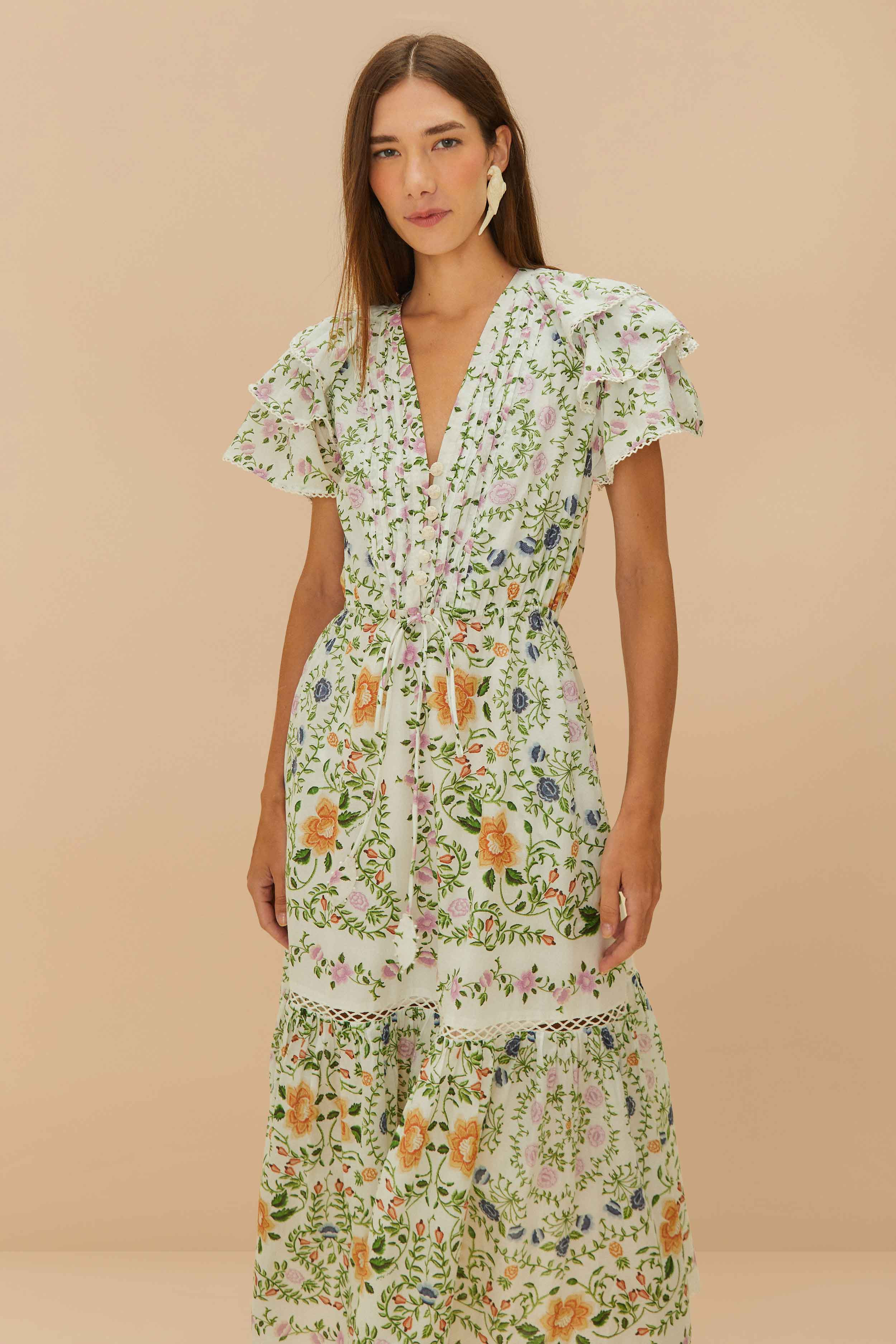 Off-White Folk Floral Lace Midi Dress | FarmRio (US)