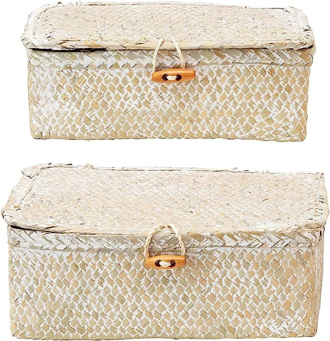 Creative Co-Op Hand-Woven Seagrass Lids & Toggle Closure, Whitewashed, Set of 2 Storage Box, 2 | Amazon (US)