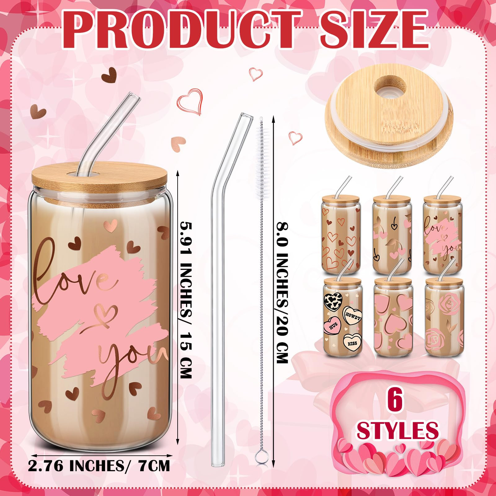 6 Pcs Valentine Glass Cups Gifts Set 16 oz Glass Cup with Bamboo Lid and Straw Clear Drinking Jar... | Amazon (US)