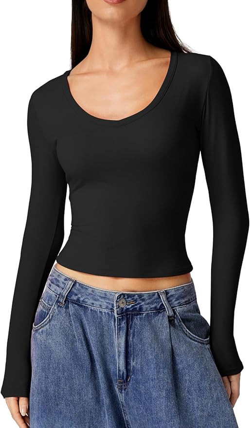 QINSEN Women Double Lined Fitted Basic T Shirts V Neck Long Sleeve Crop Top | Amazon (US)