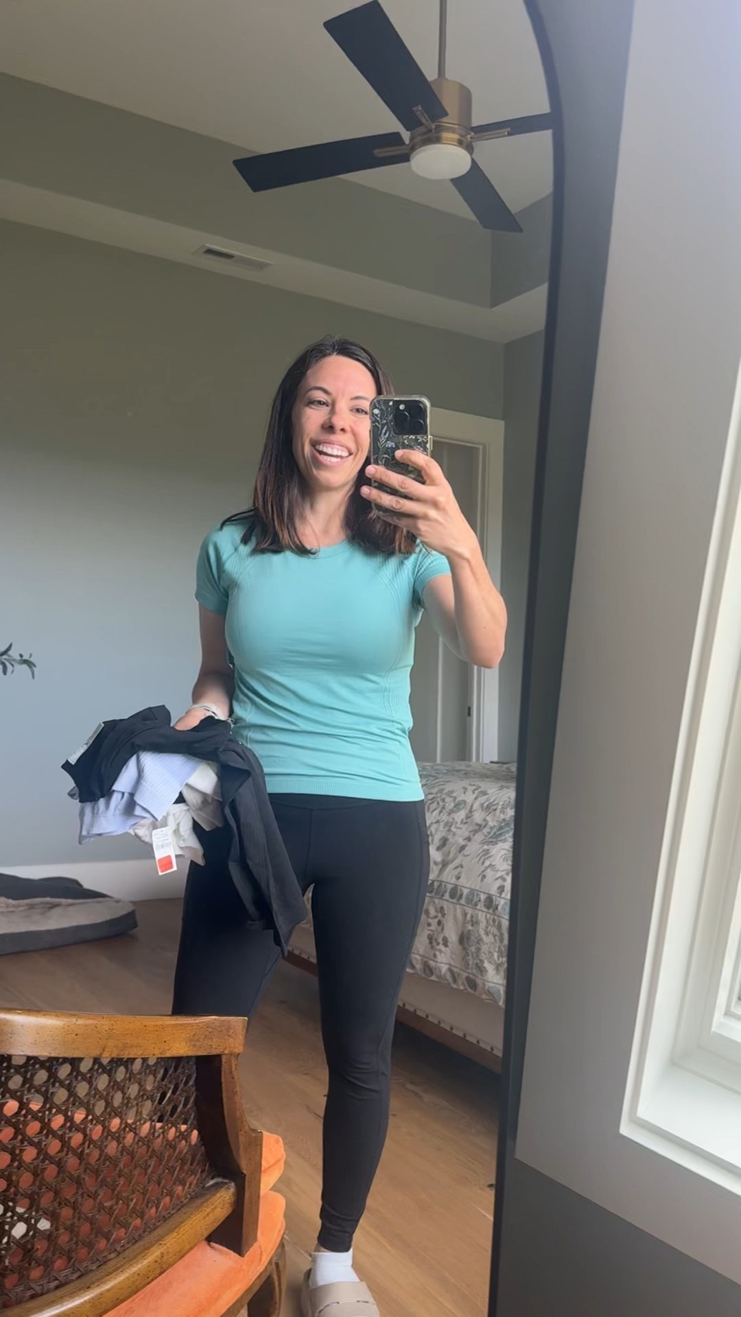 On sale workout top- comfy, stretchy, multiple colors. I’m in a small (I’m 5’1”)
