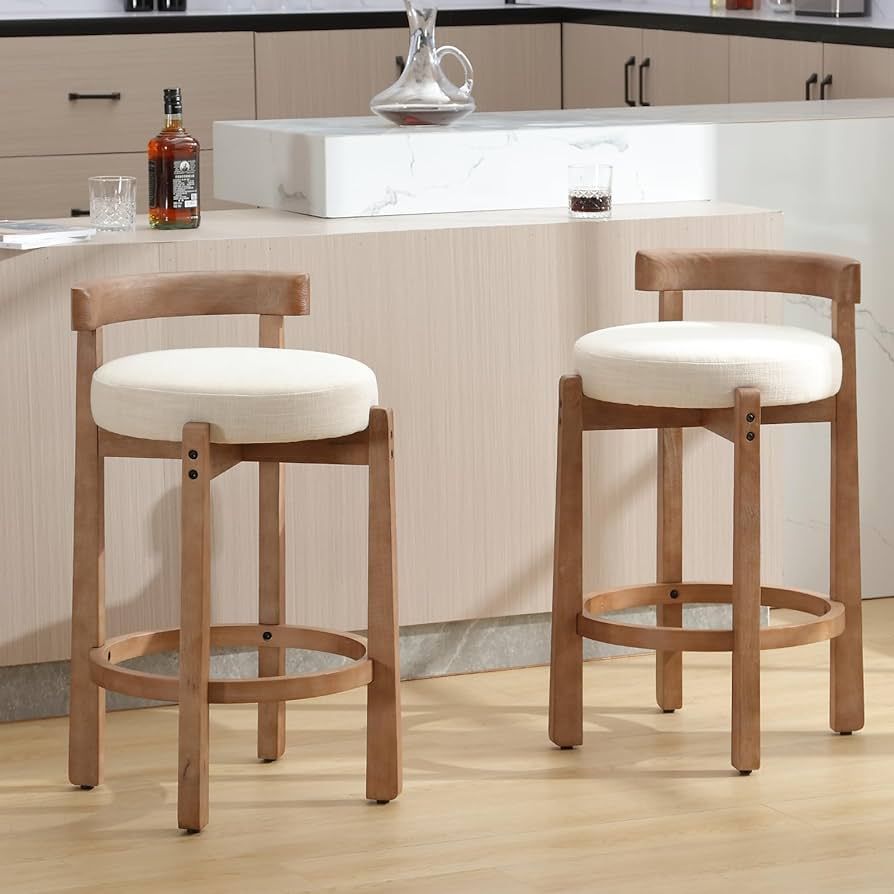 Mid-Century Bar Stools Set of 2, 26.5 Inch Linen Counter Height Upholstered Barstools Bar Chairs ... | Amazon (US)