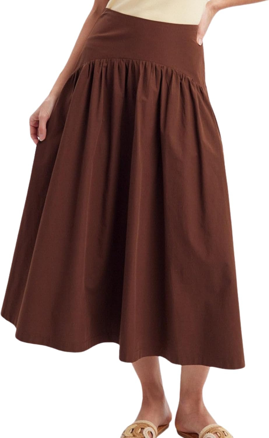 Mannjin Women's Summer Pleated Midi Skirt Drop Waist Smocked Back Waist Zip | Amazon (US)