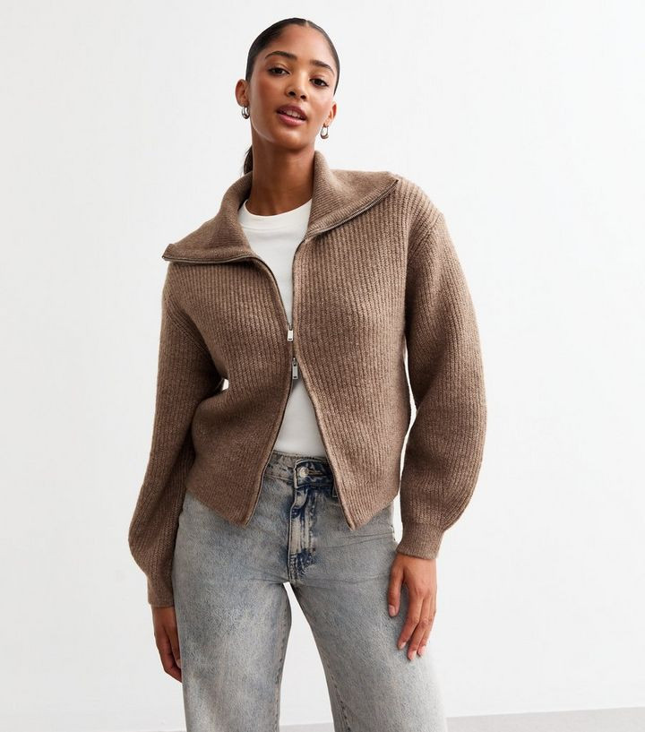 Brown High Neck Knitted Bomber Cardigan | New Look | New Look (UK)