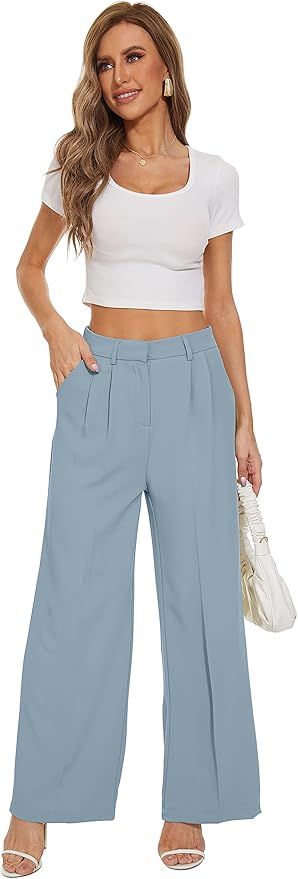 FUNYYZO Women's Wide Leg Pants High Elastic Waisted in The Back Business Work Trousers Long Strai... | Amazon (US)