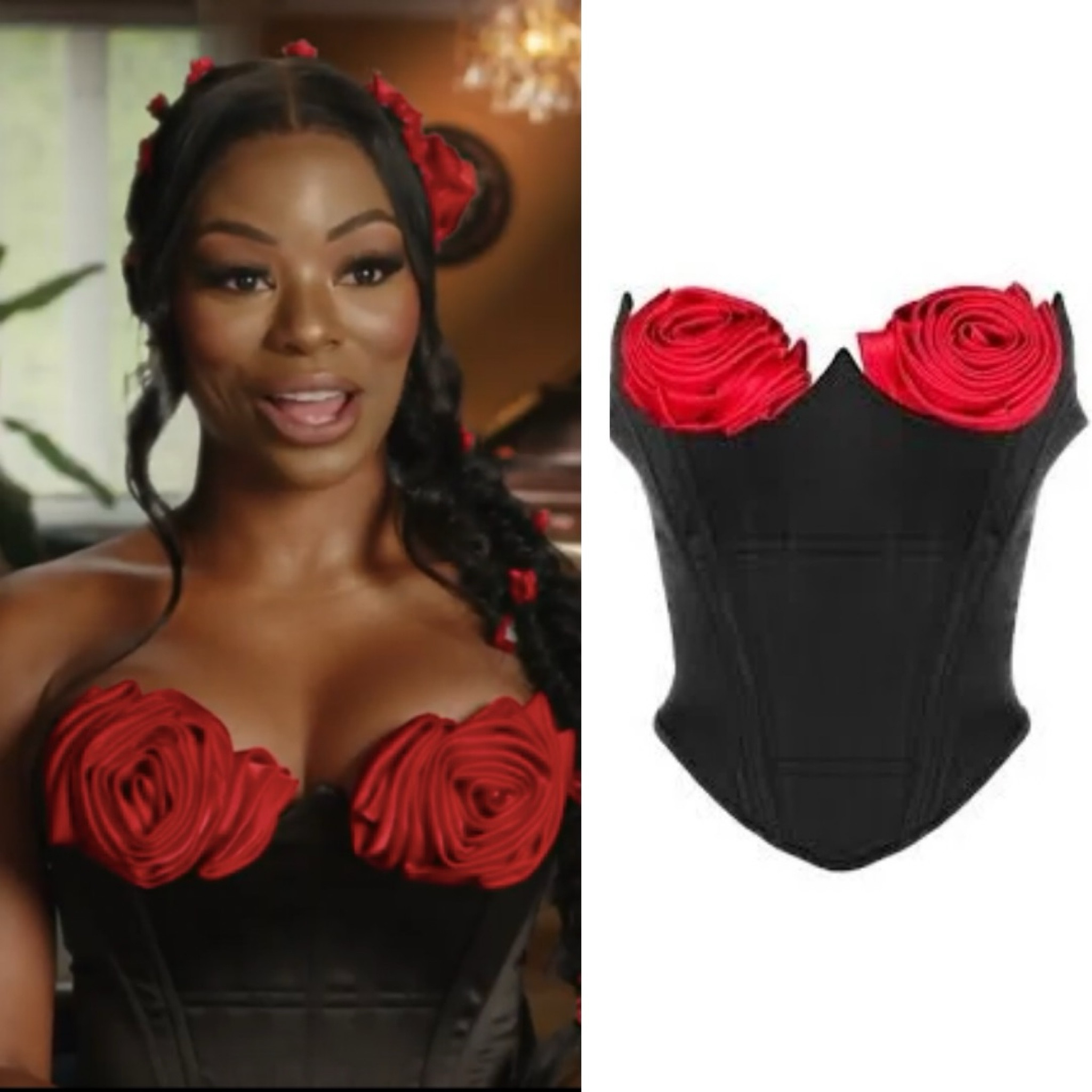 Keiarna Stewart’s Black and Red Rose Appliqué Confessional Look is by Christina Savulescu / Linked in Other Colors Below