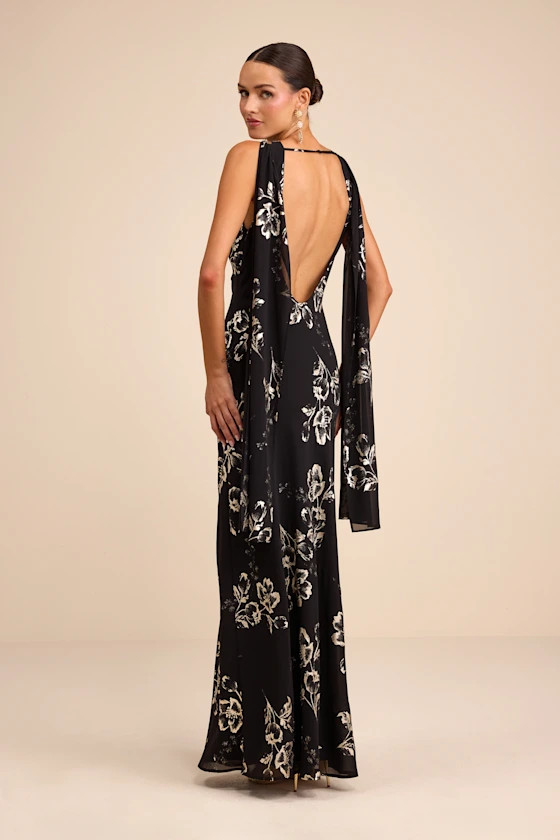 Sidonia Black and Gold Floral Cowl Sash Maxi Dress | Lulus