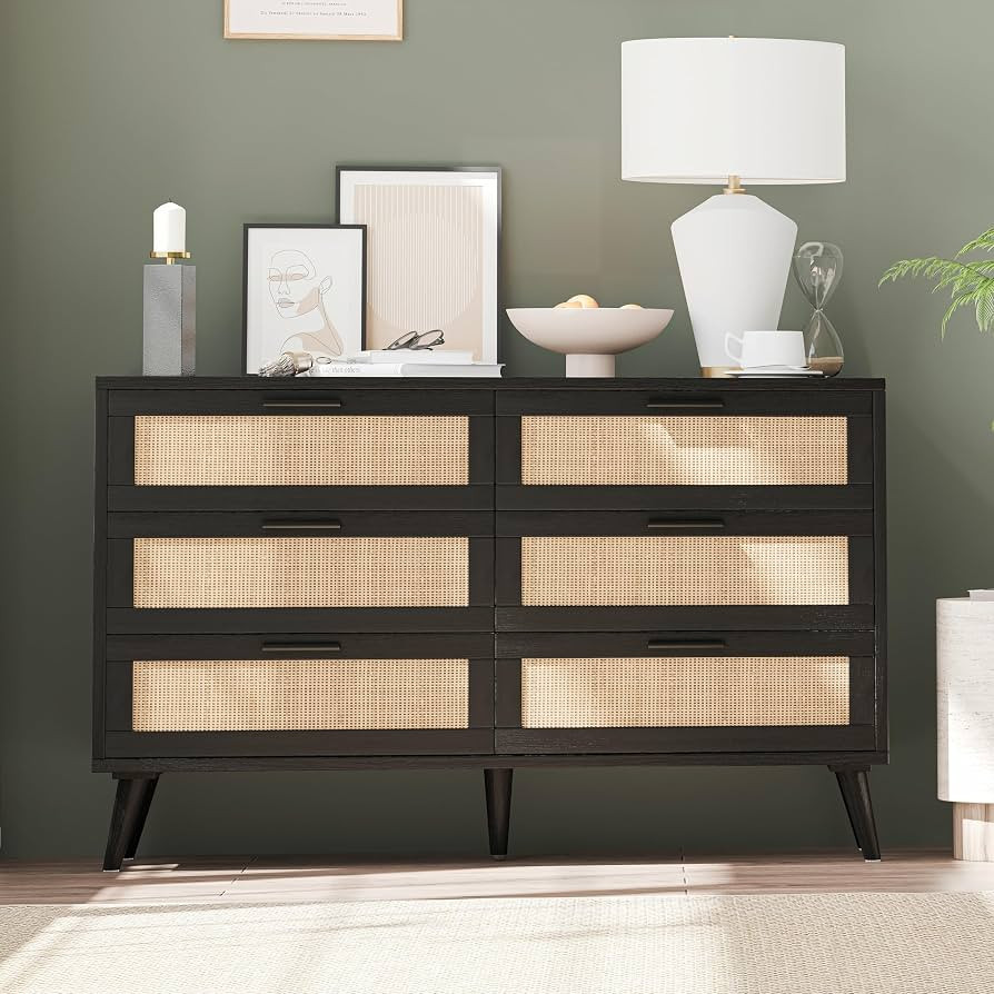 Rovaurx 6 Drawer Double Dresser for Bedroom, Rattan Chest of Dressers, Modern Wooden Dresser Ches... | Amazon (US)
