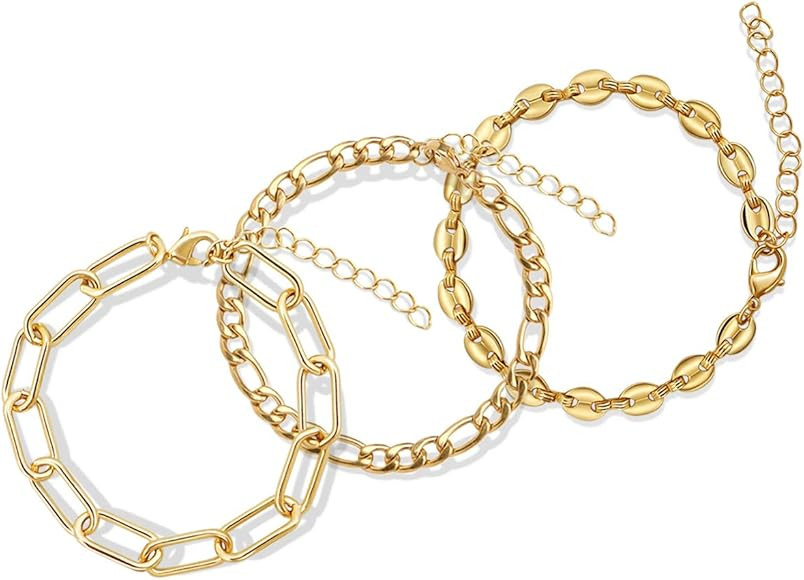 JA.S.JR 3Pcs 14K Gold Plated Chain Bracelet for Women Fashion Simple Bracelet | Amazon (US)