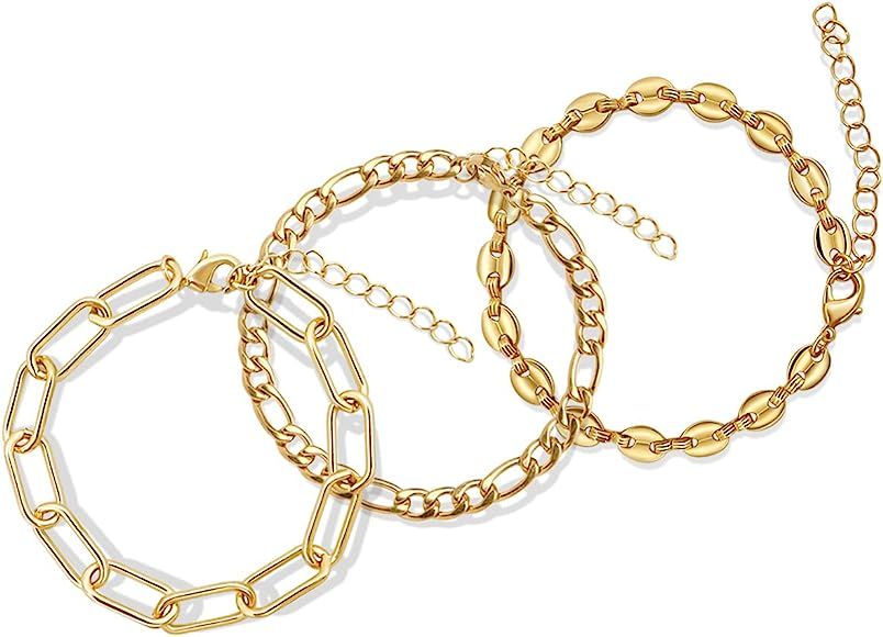 JA.S.JR 3Pcs 14K Gold Plated Chain Bracelet for Women Fashion Simple Bracelet | Amazon (US)