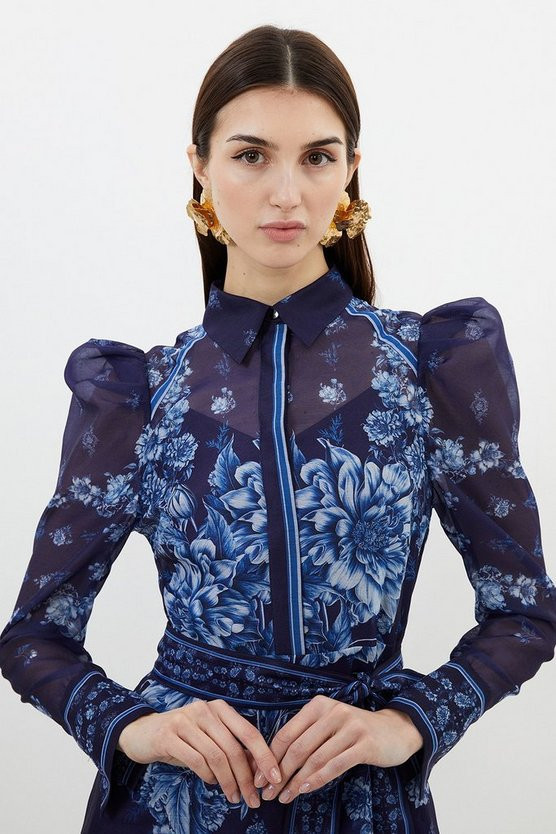 Petite Organdie Floral Placement Print Woven Mini Dress | Karen Millen UK + IE + DE + NL