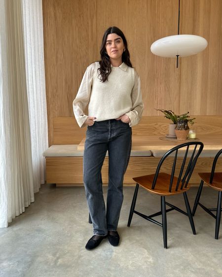 A working from home outfit: cream silk shirt, knitted cream vest, washed black straight leg jeans. 

#LTKstyletip #LTKeurope #LTKfindsunder100