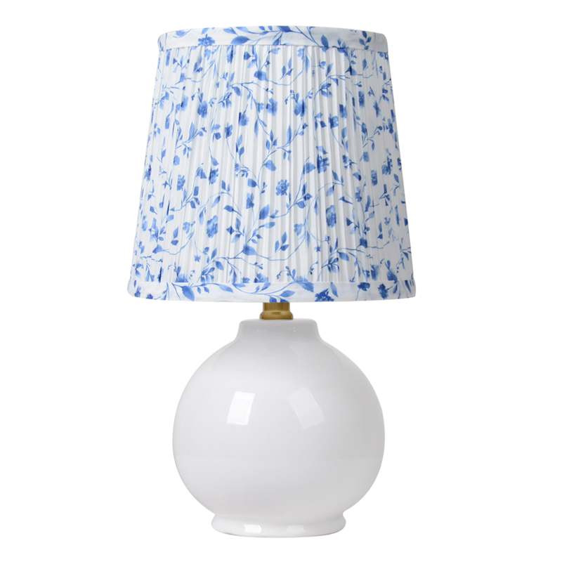 White Small Ceramic Small Lamp With Pleated Blue Patterned Shade 17In | At Home