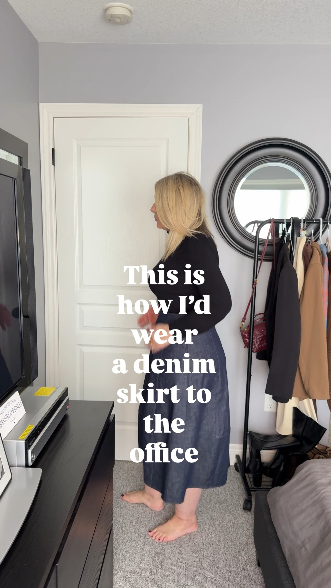 I don’t throw outfits on and hope for the best.
If I’m going to work, I want to feel pulled together.
This is how I’d wear a denim skirt to the office, a blazer to make it feel appropriate, boots because I’ll be on my feet.
It’s simple, it works, and I’d actually wear it.


#LTKmidsize #LTKworkwear #LTKover50style