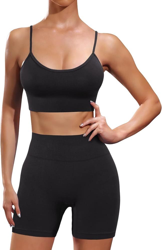 Ourgifts Workout Sets for Women 2 Piece Outfits Seamless High Waisted Workout Shorts Women with S... | Amazon (US)