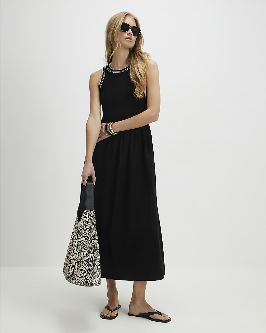 Black Sleeveless Whipstitch Midi Dress | River Island UK & IE