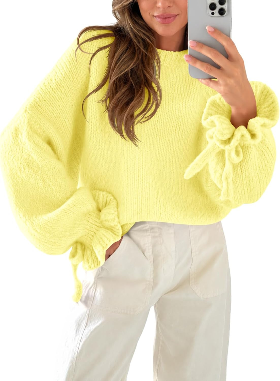 Saodimallsu Womens Ruffle Sleeve Sweater Oversized Chunky Fall Pullover Top | Amazon (US)