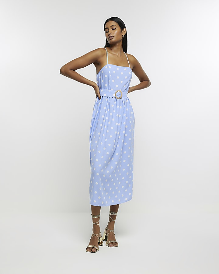 Blue spotted belted swing midi dress | River Island (UK & IE)