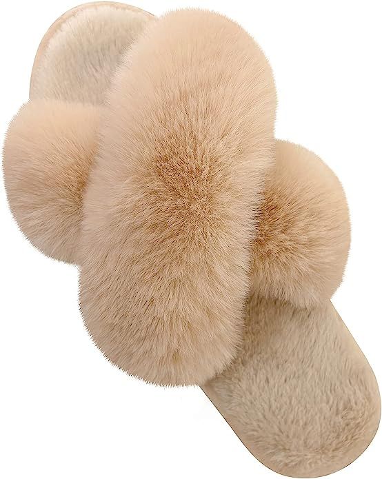 Women's Cross Band Slippers Soft Plush Furry Cozy Open Toe House Shoes Indoor Outdoor Faux Rabbit... | Amazon (US)