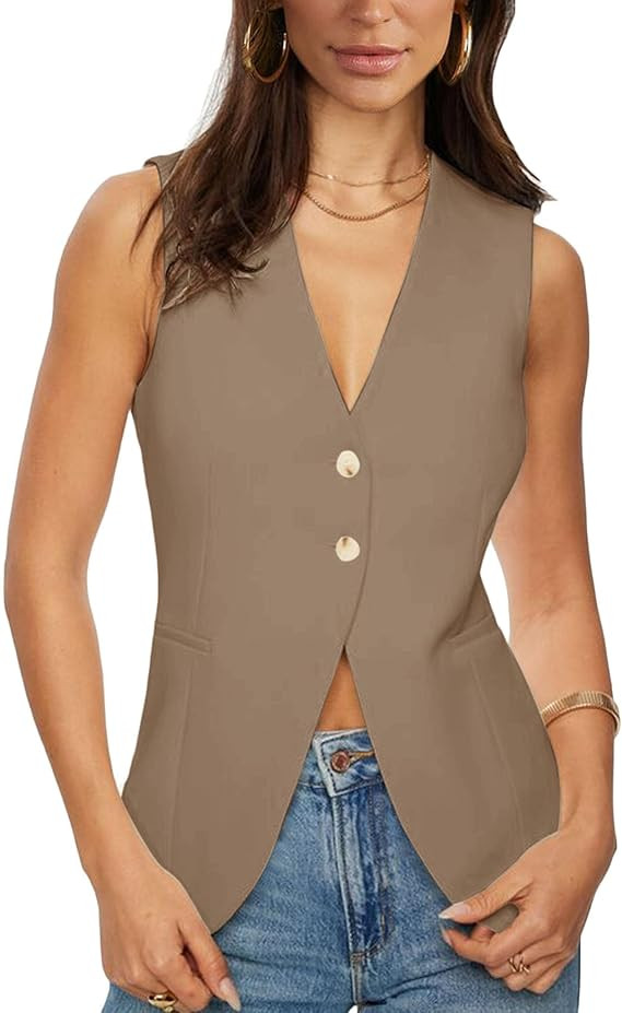 Fallorchid Womens Business Button Sleeveless V Neck Vest Fully Lined Suit Jacket Waistcoat | Amazon (US)