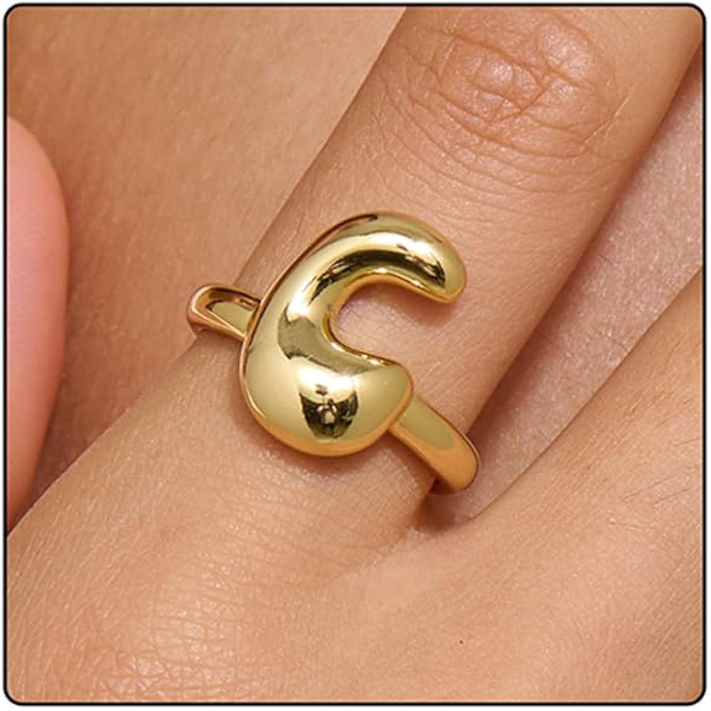 Bubble Initial Gold Ring For Women,Dainty Balloon Letter Rings 14k Gold Plated Open Alphabet A-Z ... | Amazon (US)