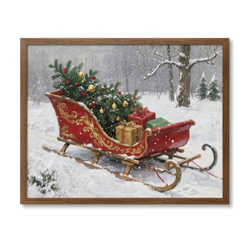 Vintage Christmas Sleigh Wall Art Unframed – 10x8 Inch Holiday Poster Print with Gifts & Tree, Festive Winter Scene Painting for Home Living Room Bedroom Seasonal Decor | Amazon (US)