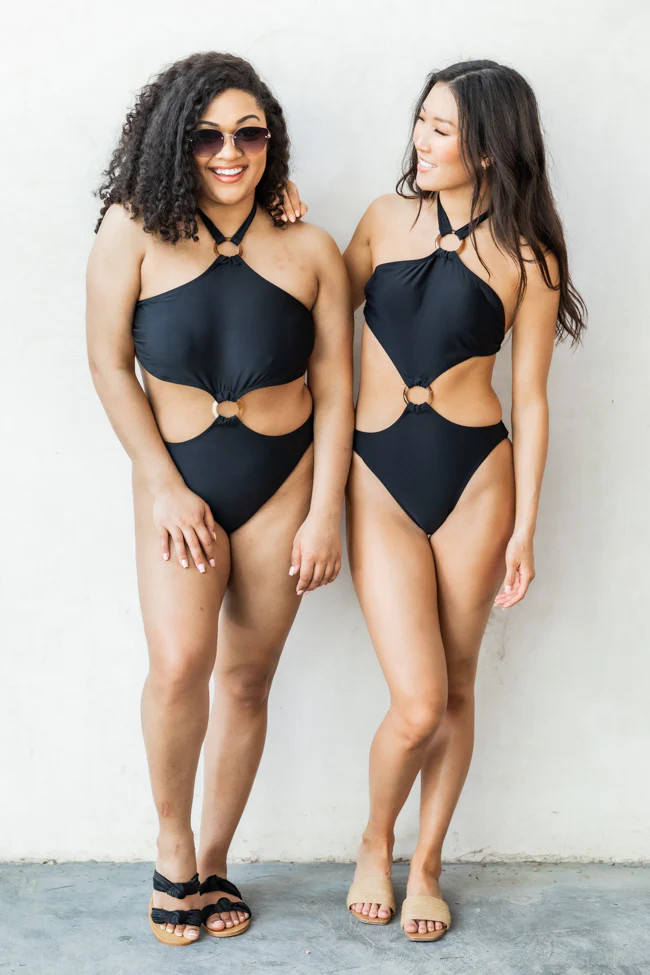 Beach Bliss Black Halter Ring Link One Piece Swimsuit FINAL SALE | Pink Lily