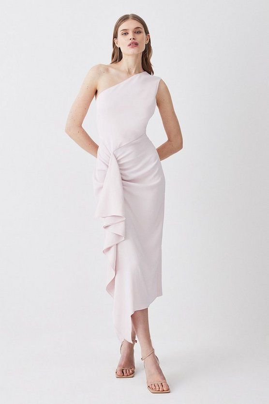 Compact Viscose Tailored One Shoulder Drape Front Pencil Dress | Karen Millen UK + IE + DE + NL