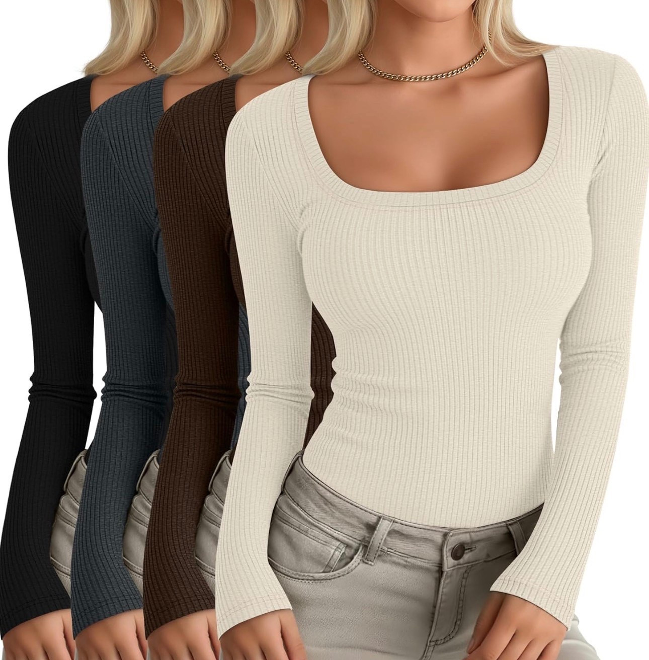 4 Pack Women's Long Sleeve Shirts Scoop Neck Ribbed Knit Tops Casual Slim Fitted Cotton Tees Fall Basic T Shirts Womens basic outfit wardrobe