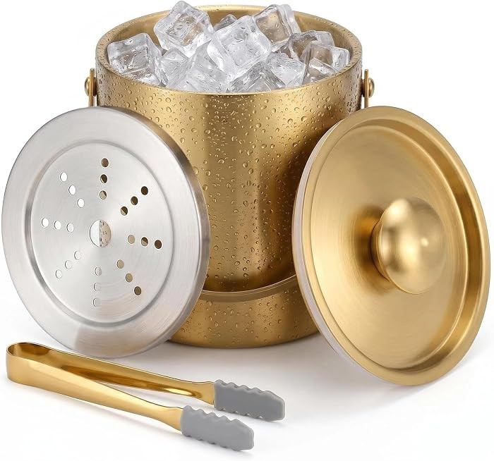 Gold Ice Bucket with Lid, Handle and Tong Insulated Stainless Steel Champagne Bucket 3L Wine Buck... | Amazon (US)