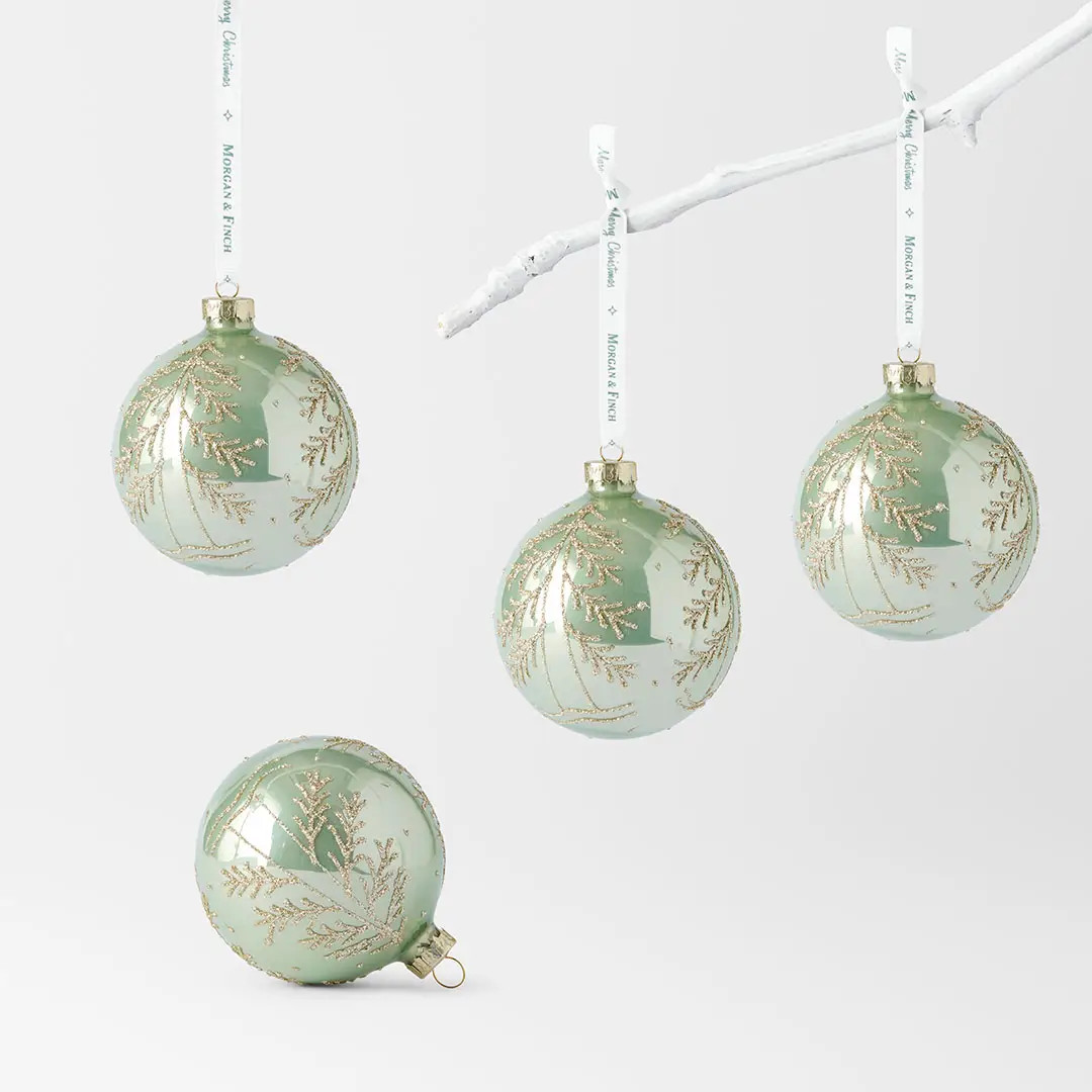 Shiny Glass Ball with Fern Pattern Set Of 4 | Bed Bath N' Table