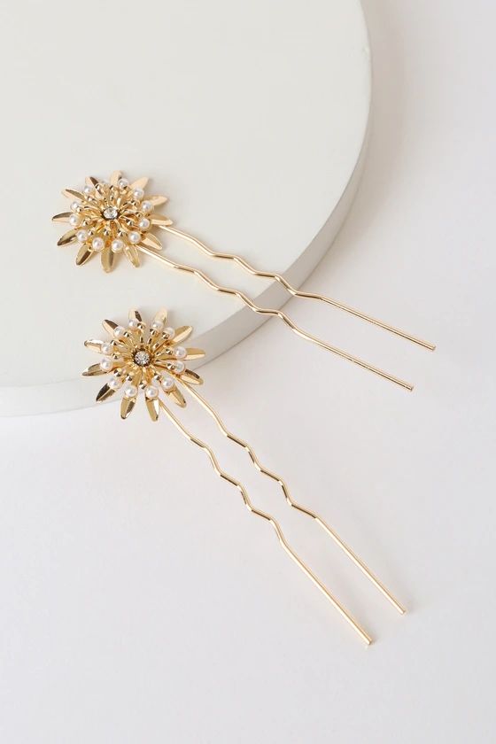 Bursting Blooms Gold Rhinestone and Pearl Hair Pin Set | Lulus (US)