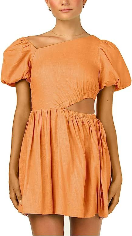AEL Women's Square Neck Cut Out Mini Dress Short Puff Sleeve Summer Casual Solid Swing Flared Sun... | Amazon (US)