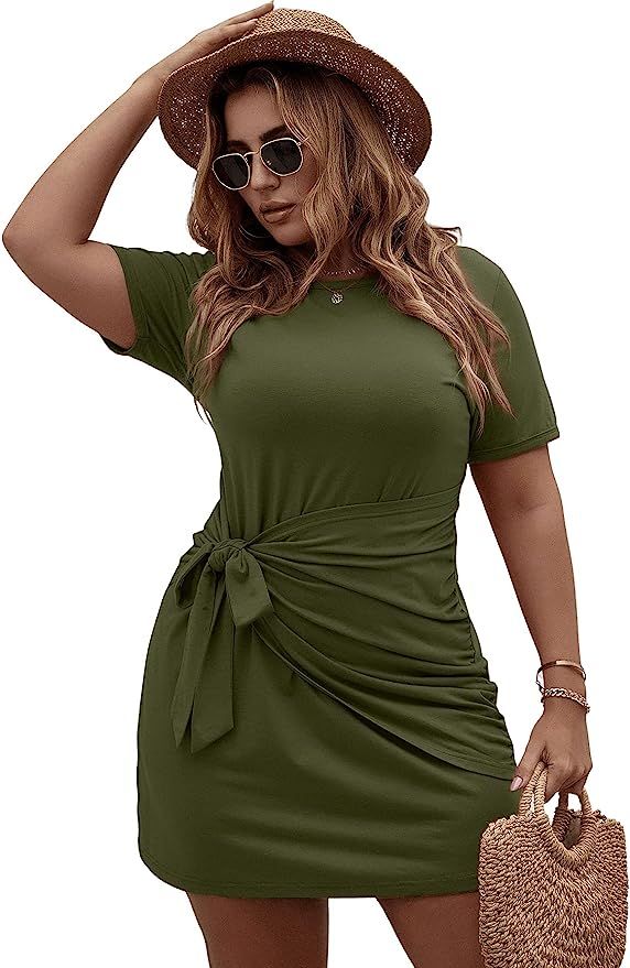 Romwe Women's Plus Size Short Sleeve Tie Knot Front Solid Summer T Shirt Dress | Amazon (US)