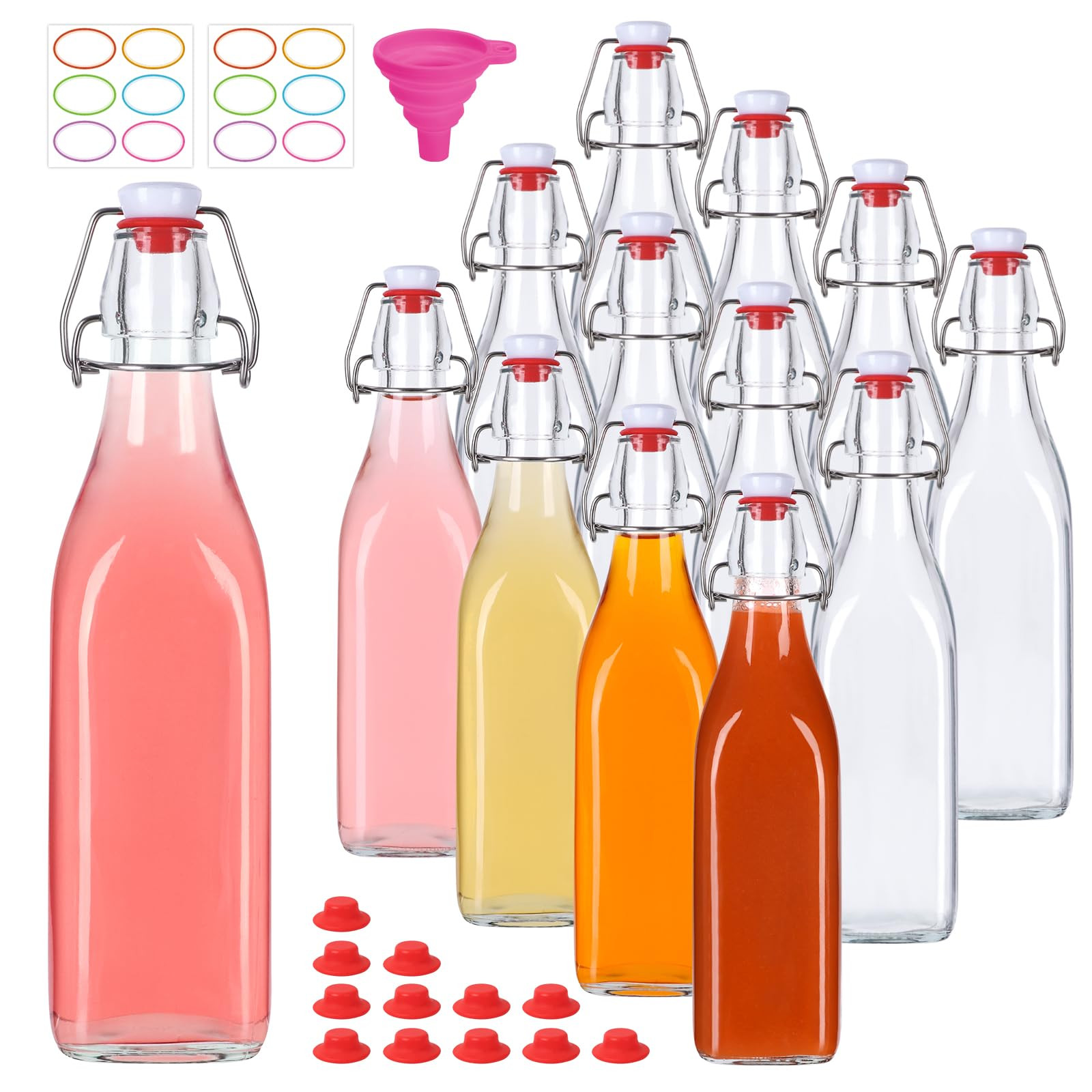 12 Pack 16oz Swing Top Glass Bottles,Flip Top Glass Bottle,Square Bottles with Airtight Stoppers ... | Amazon (US)