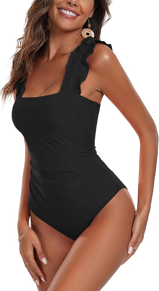 AI'MAGE Women's One Piece Swimsuits Square Neck Tummy Control Bathing Suit with Adjustable Ruffle... | Amazon (US)