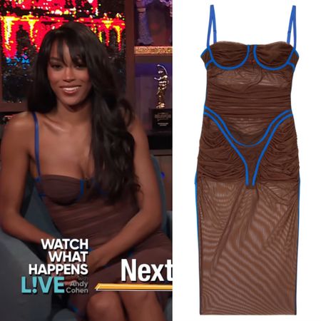 Ciara Miller’s Sheer Brown Ruched Dress with Blue Trim on #WWHL