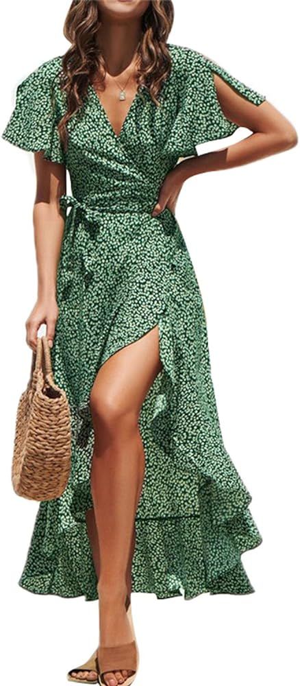 Fleur Wood Women's Short Sleeve V Neck Ruffle Floral Wrap Maxi Dresses Flowy Summer Boho Maxi Dre... | Amazon (US)